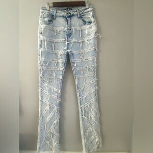 Y2K Ladder Distressed Skinny Jeans Light Wash Horizontal Shredded Frayed Sz L